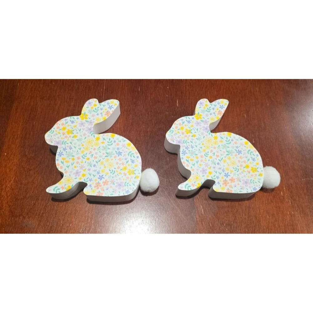 Spritz Wooden Bunny Figurines Colorful Floral Pattern Plush Tail Set of 2
